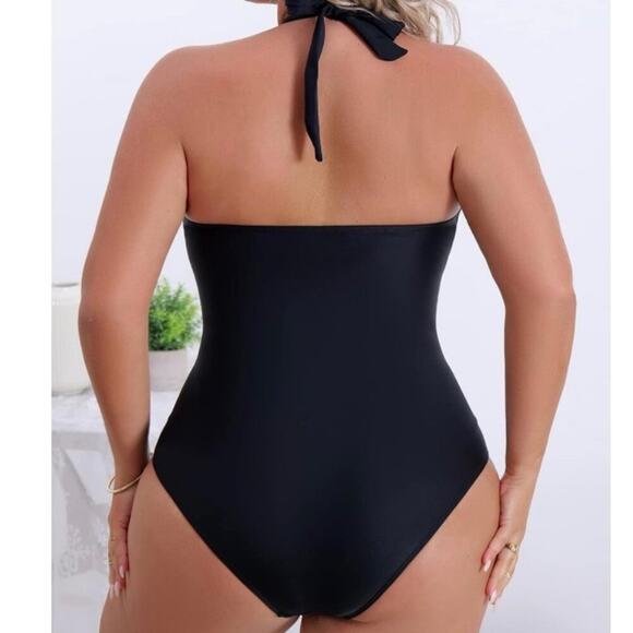 Aqua Eve Women’s Plus 20W Black One Piece Swimsuit V-Neck Halter Tummy Control - Picture 3 of 6